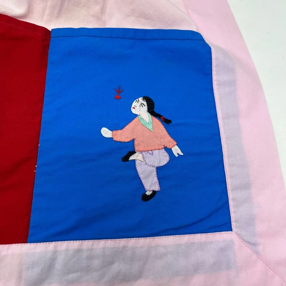 Vintage Pink Cotton Half Apron Hand Stitched Applique Asian Figures 3 Pockets